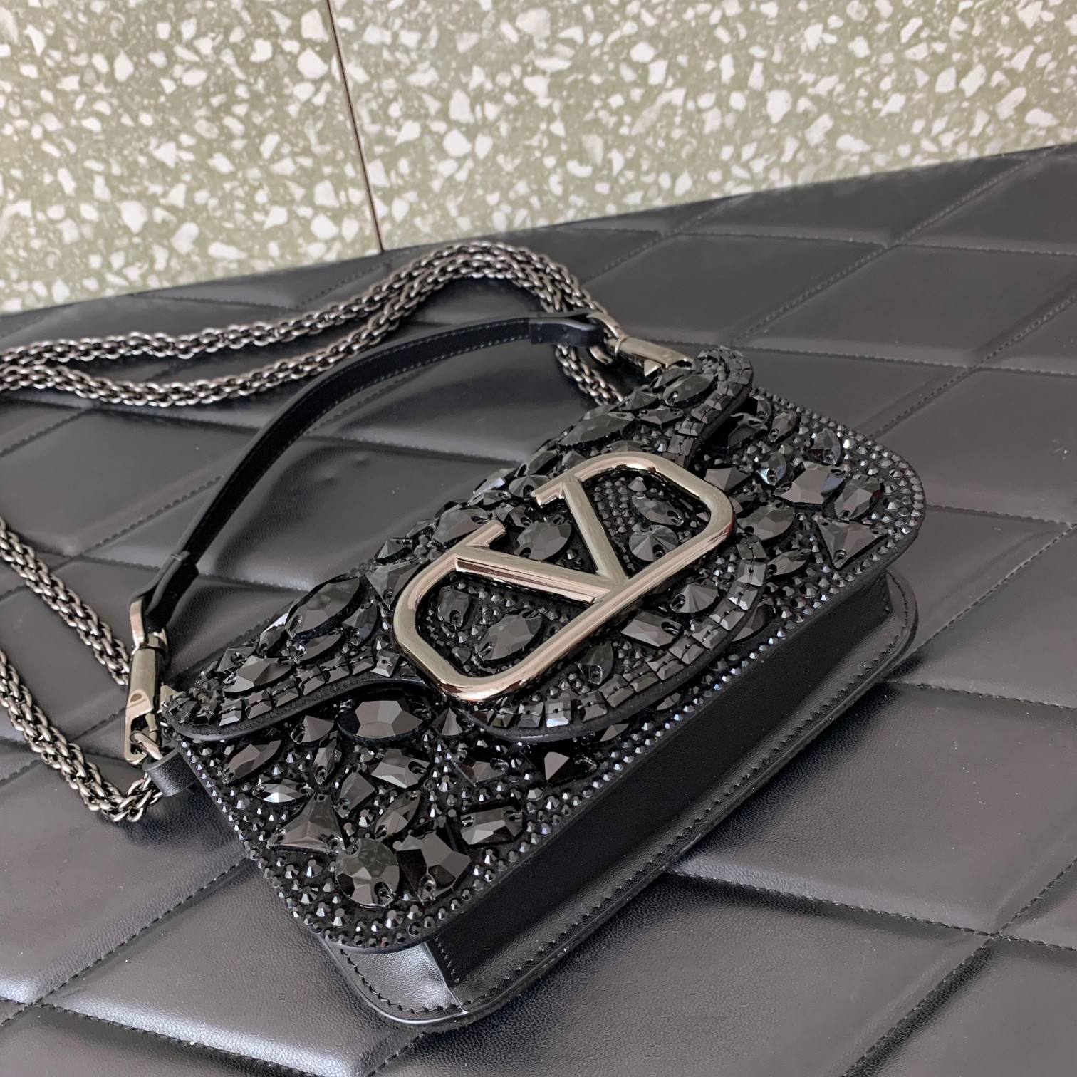 Valentino Garavani Loco Small Shoulder Bag Covered in Black Crystals 